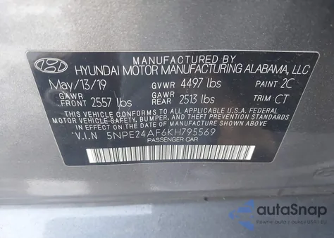 2019 Hyundai Sonata Se z USA, uszkodzony, nr VIN 5NPE24AF6KH795569